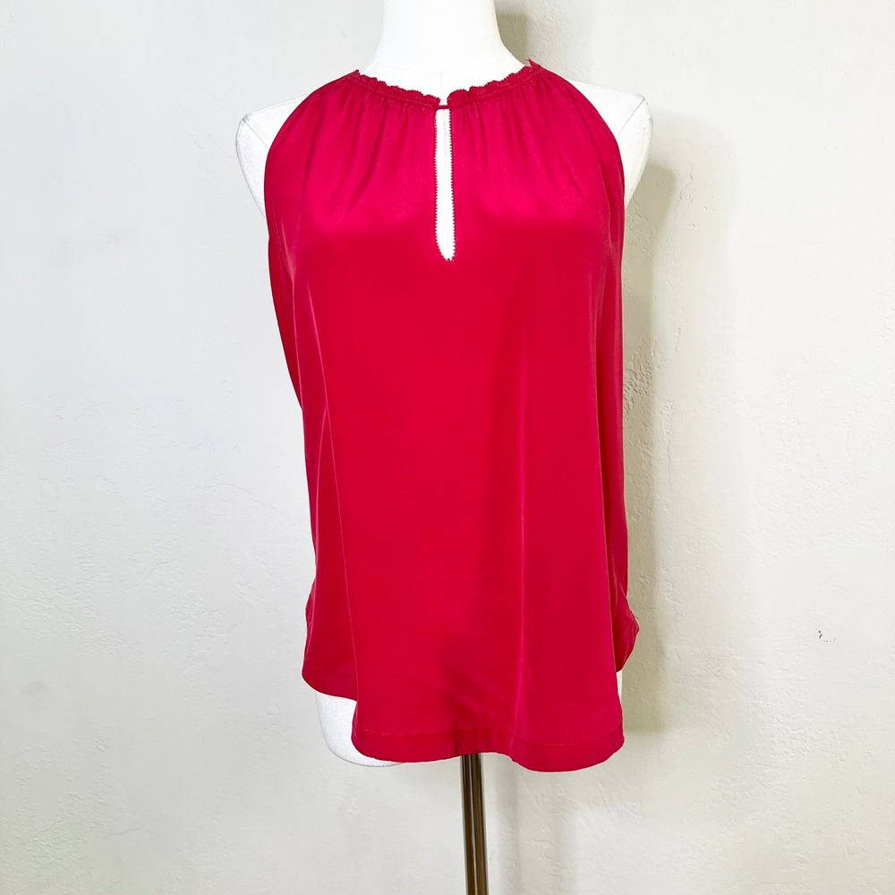 PJK Patterson J Kincaid Tank Top Halter 100% Silk Size XS Red Keyhole Ruffle